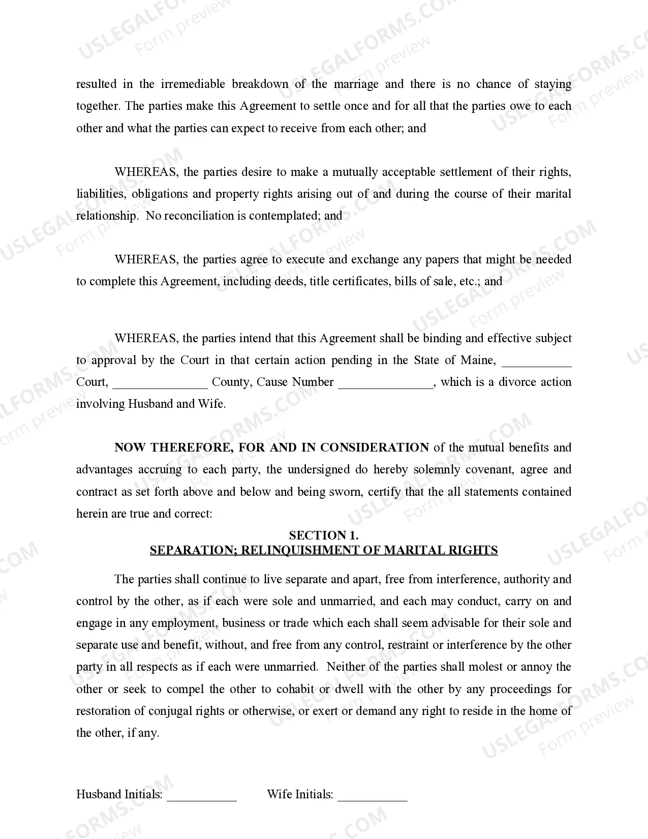 Preview Marital Domestic Separation and Property Settlement Agreement for persons with No Children, No Joint Property or Debts where Divorce Action Filed