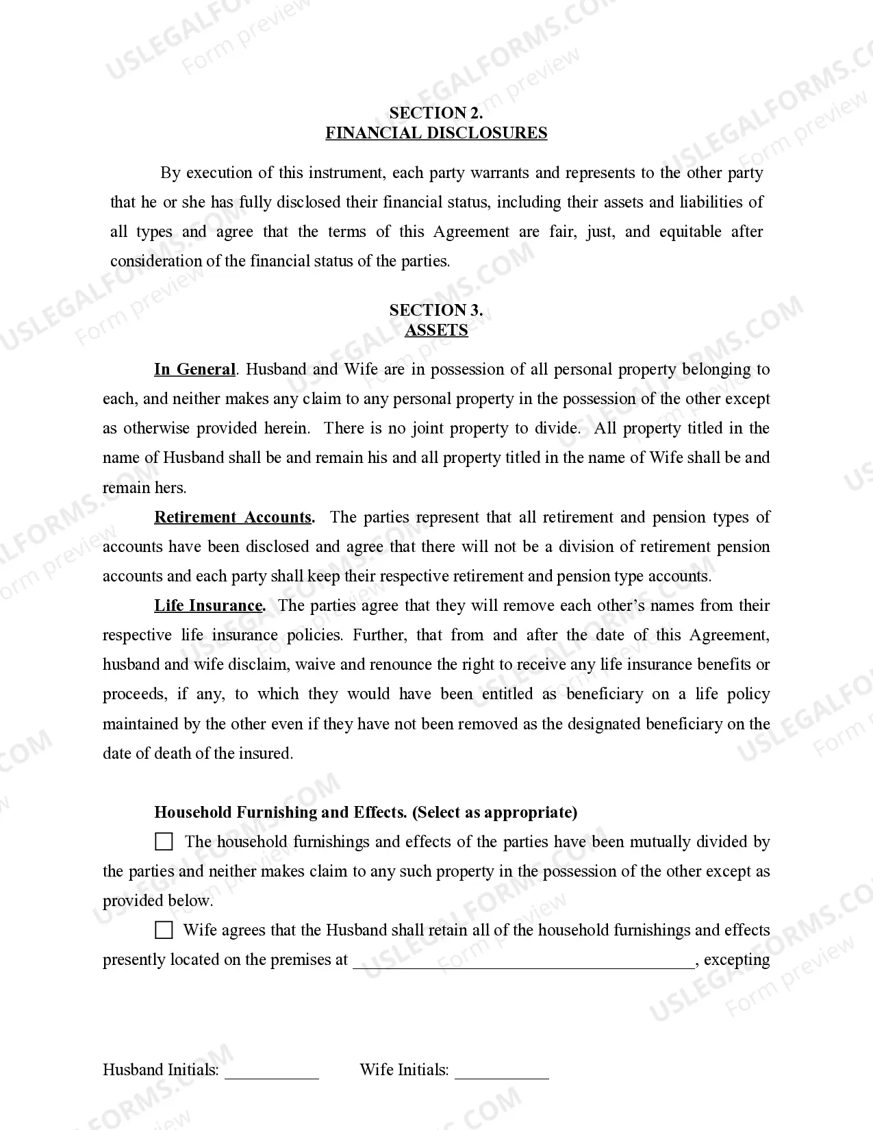 Preview Marital Domestic Separation and Property Settlement Agreement for persons with No Children, No Joint Property or Debts where Divorce Action Filed