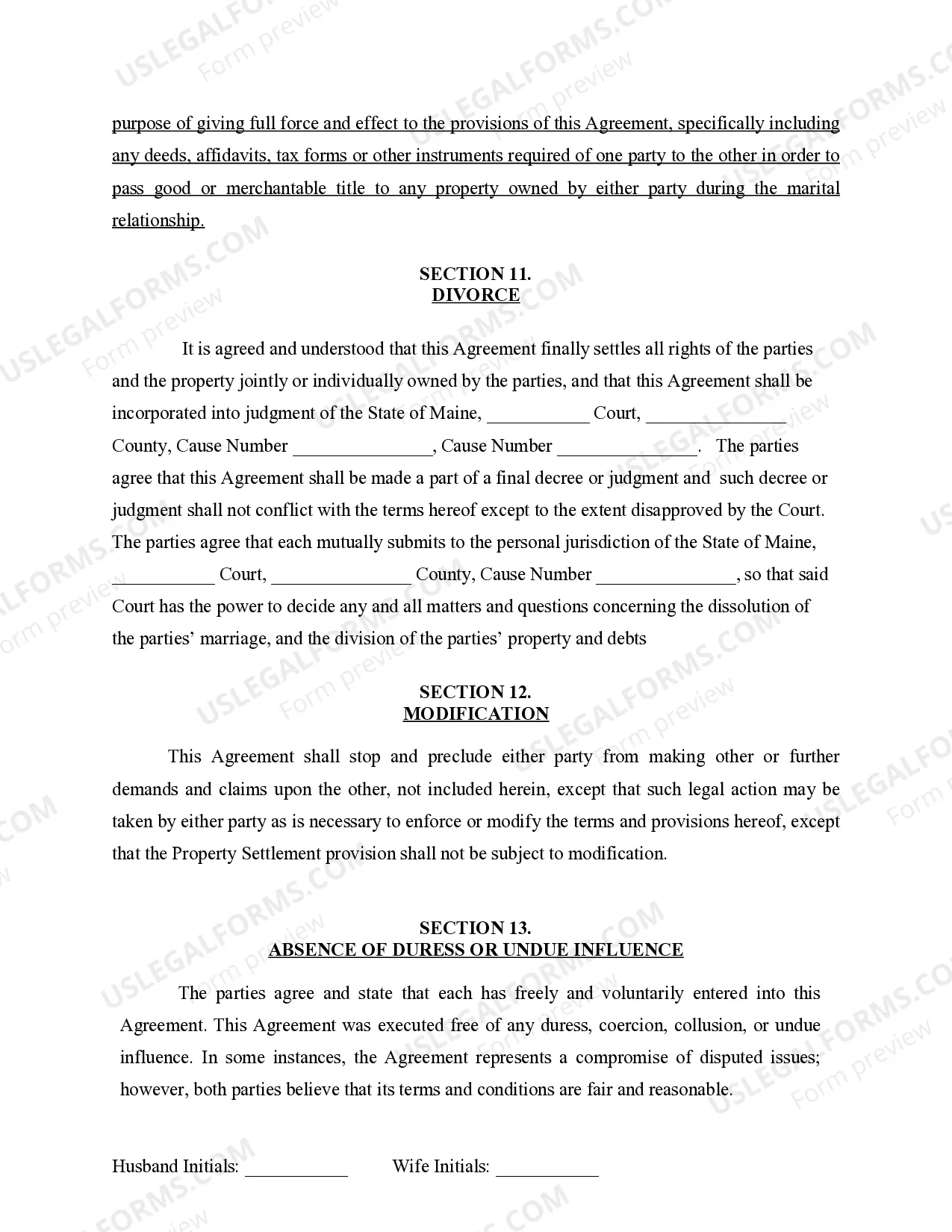 Preview Marital Domestic Separation and Property Settlement Agreement for persons with No Children, No Joint Property or Debts where Divorce Action Filed