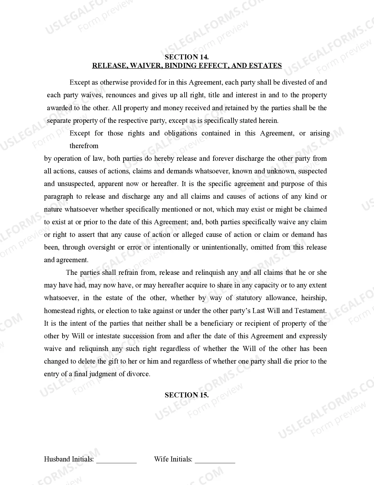 Preview Marital Domestic Separation and Property Settlement Agreement for persons with No Children, No Joint Property or Debts where Divorce Action Filed