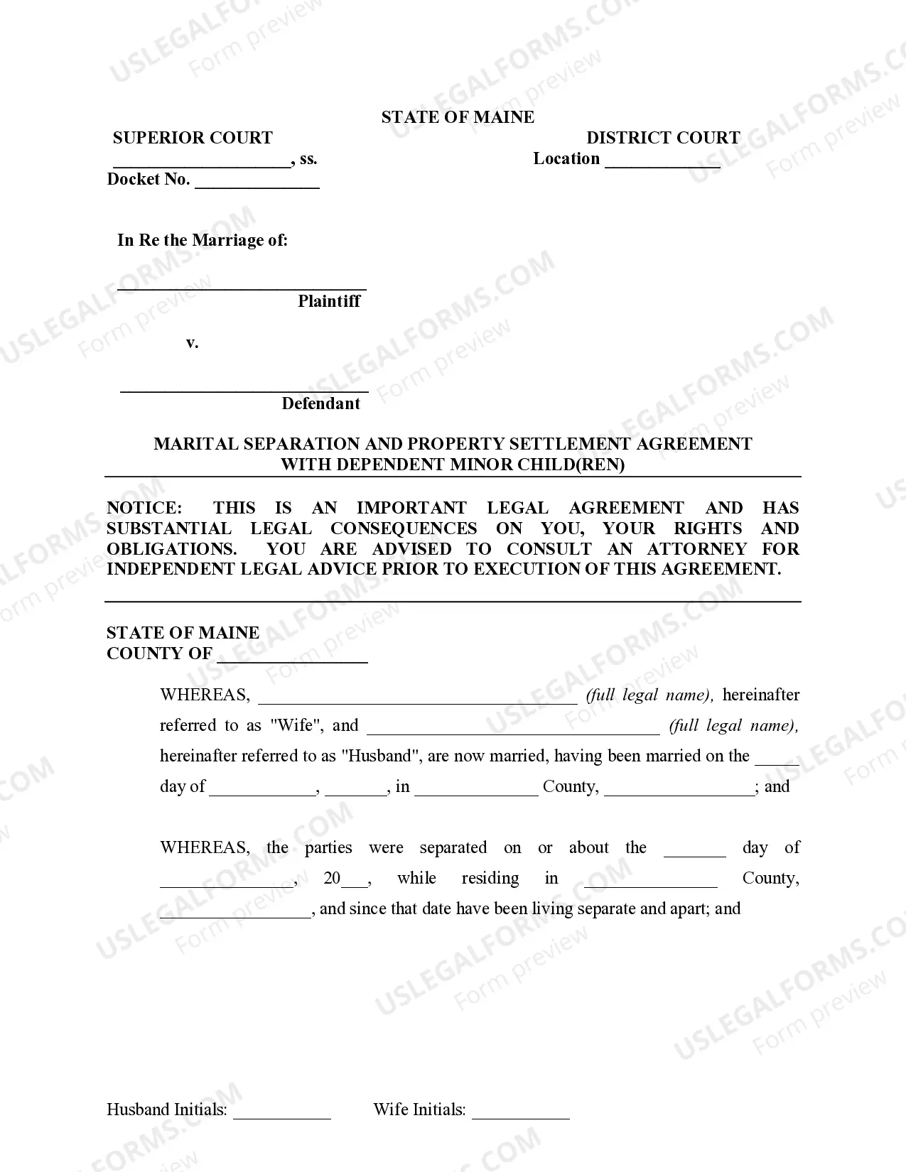 Preview Marital Domestic Separation and Property Settlement Agreement Minor Children no Joint Property or Debts where Divorce Action Filed