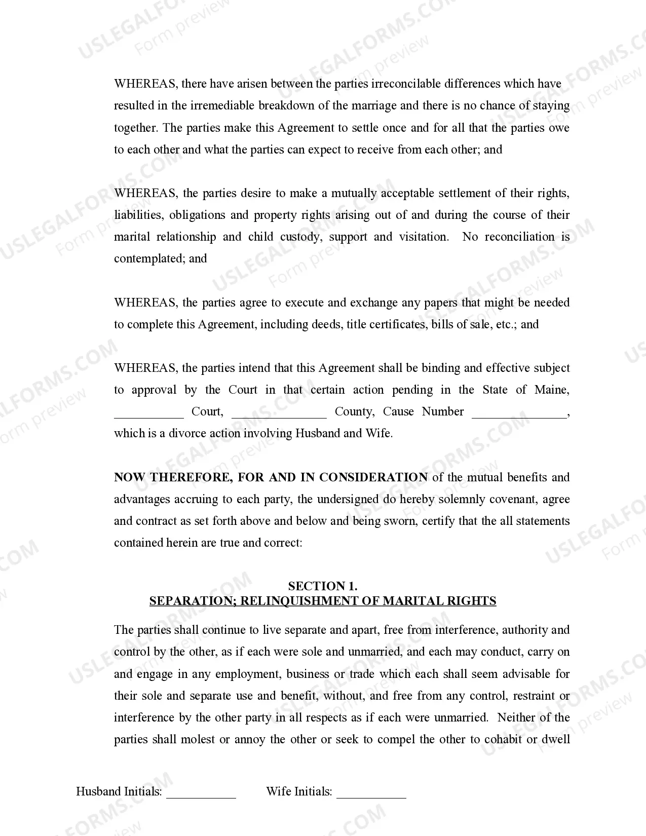 Preview Marital Domestic Separation and Property Settlement Agreement Minor Children no Joint Property or Debts where Divorce Action Filed