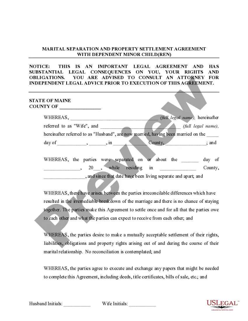 Preview Marital Domestic Separation and Property Settlement Agreement Minor Children no Joint Property or Debts effective Immediately