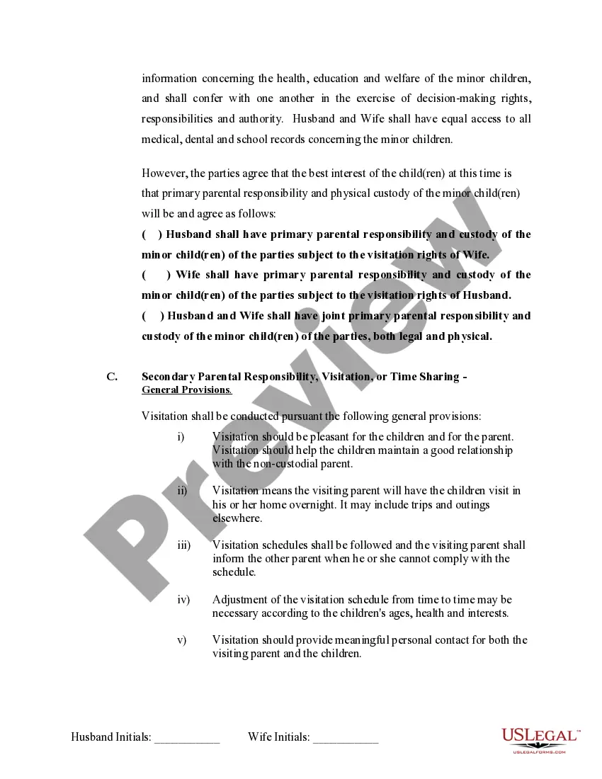 Preview Marital Domestic Separation and Property Settlement Agreement Minor Children no Joint Property or Debts effective Immediately