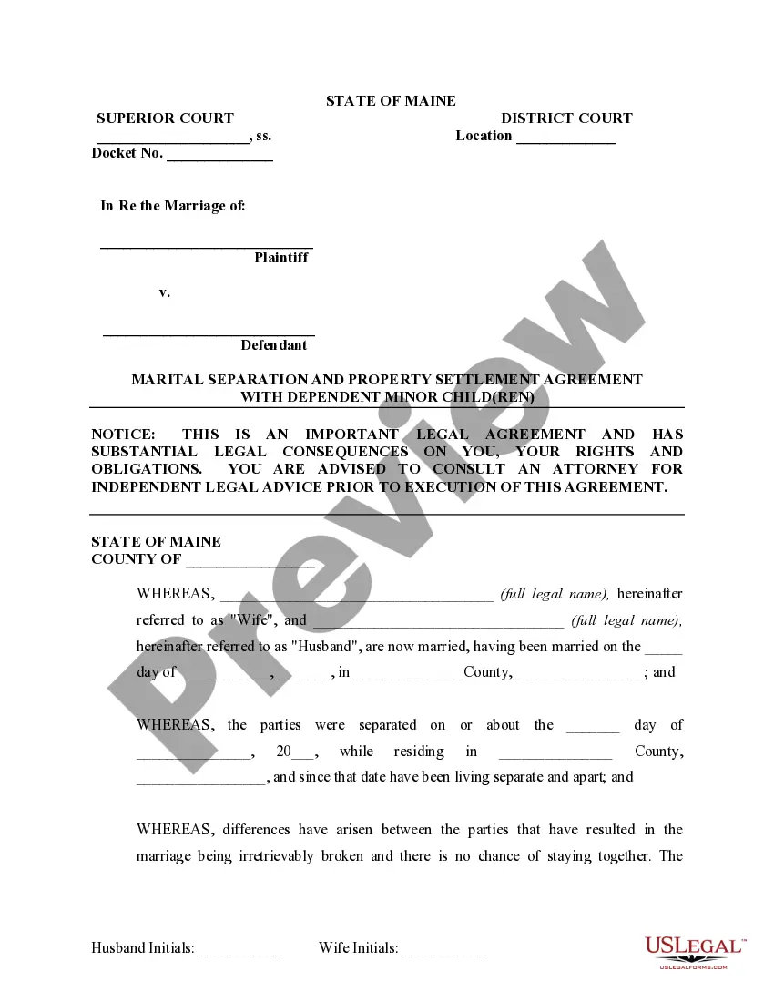 Preview Marital Domestic Separation and Property Settlement Agreement Minor Children Parties May have Joint Property or Debts where Divorce Action Filed