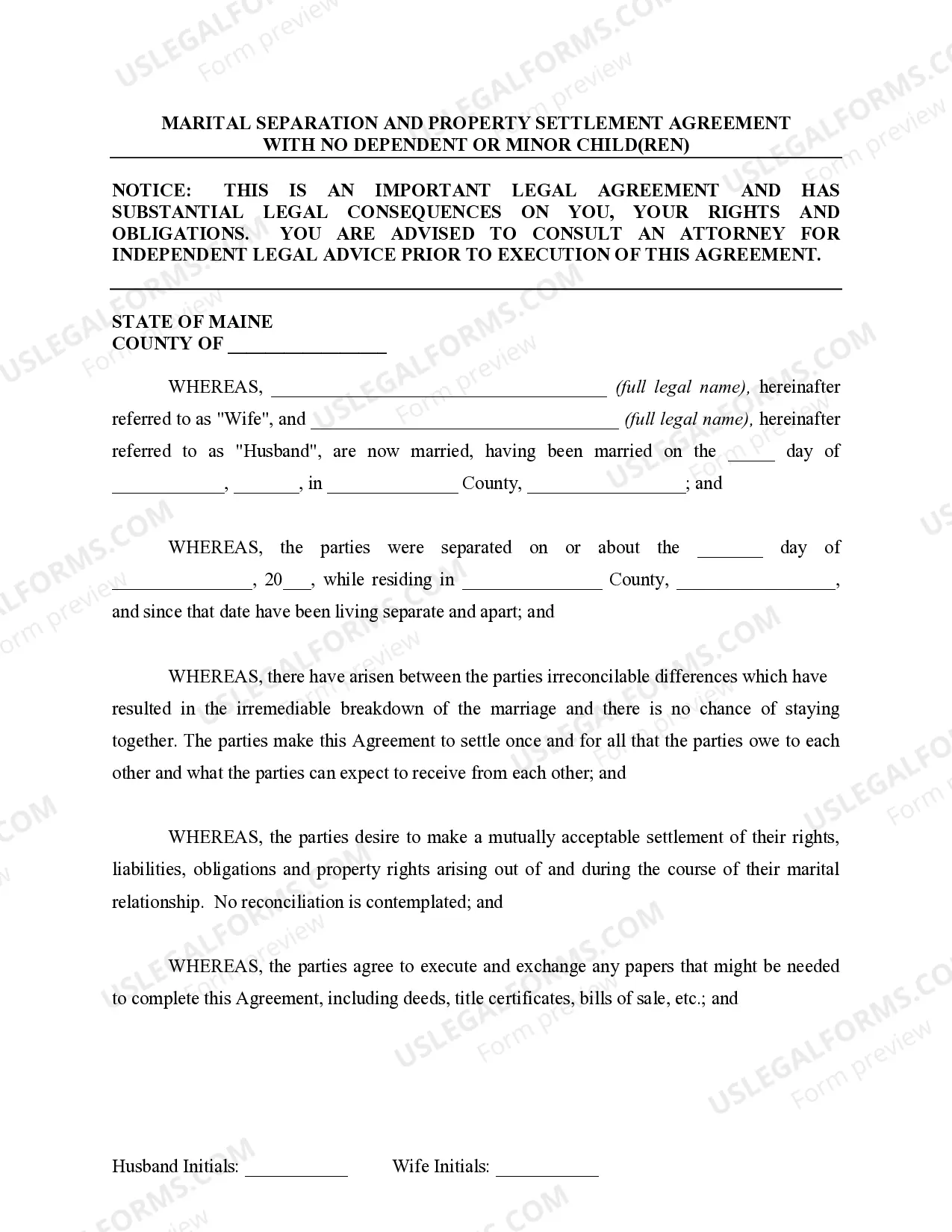 Preview Marital Domestic Separation and Property Settlement Agreement for persons with no Children, no Joint Property, or Debts Effective Immediately