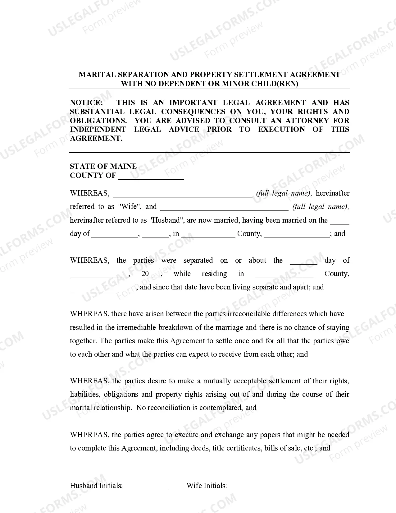 Preview Marital Domestic Separation and Property Settlement Agreement no Children parties may have Joint Property or Debts where Divorce Action Filed