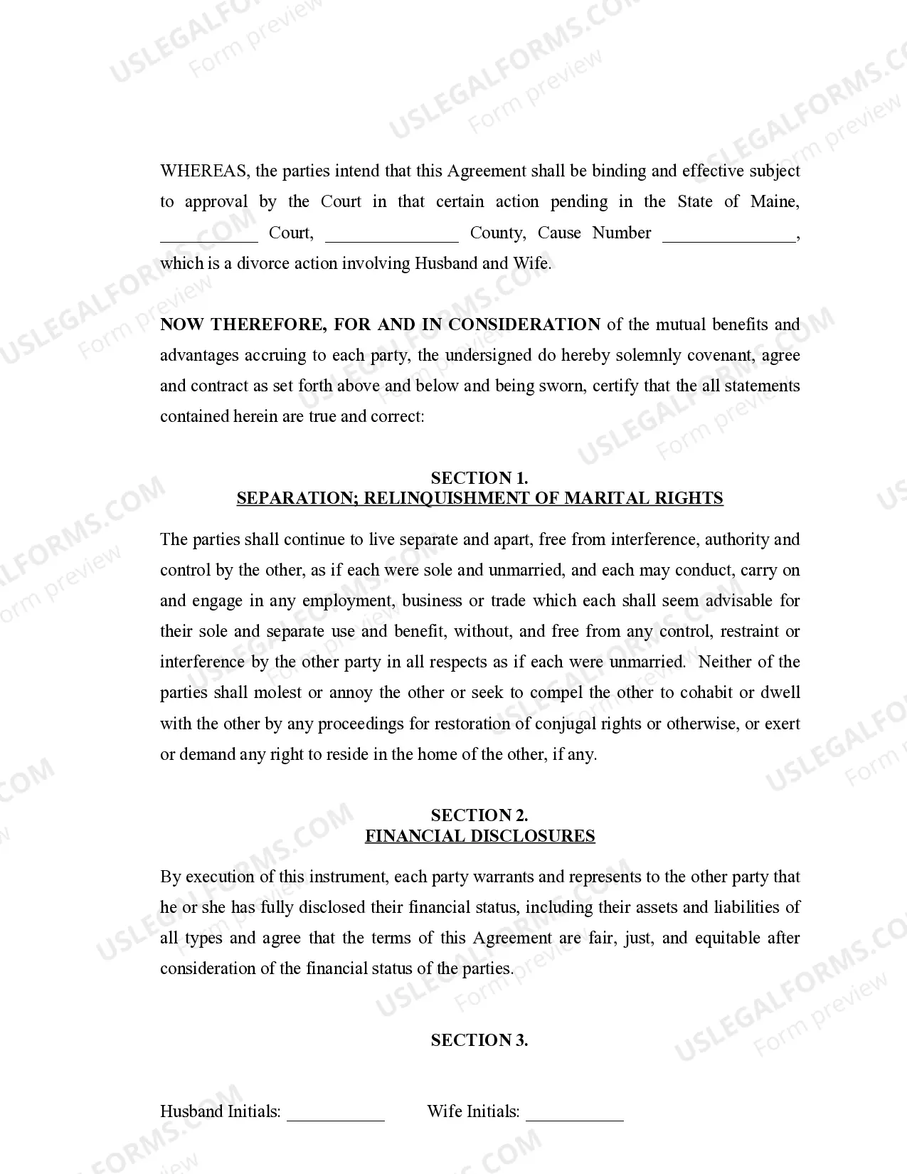 Preview Marital Domestic Separation and Property Settlement Agreement no Children parties may have Joint Property or Debts where Divorce Action Filed