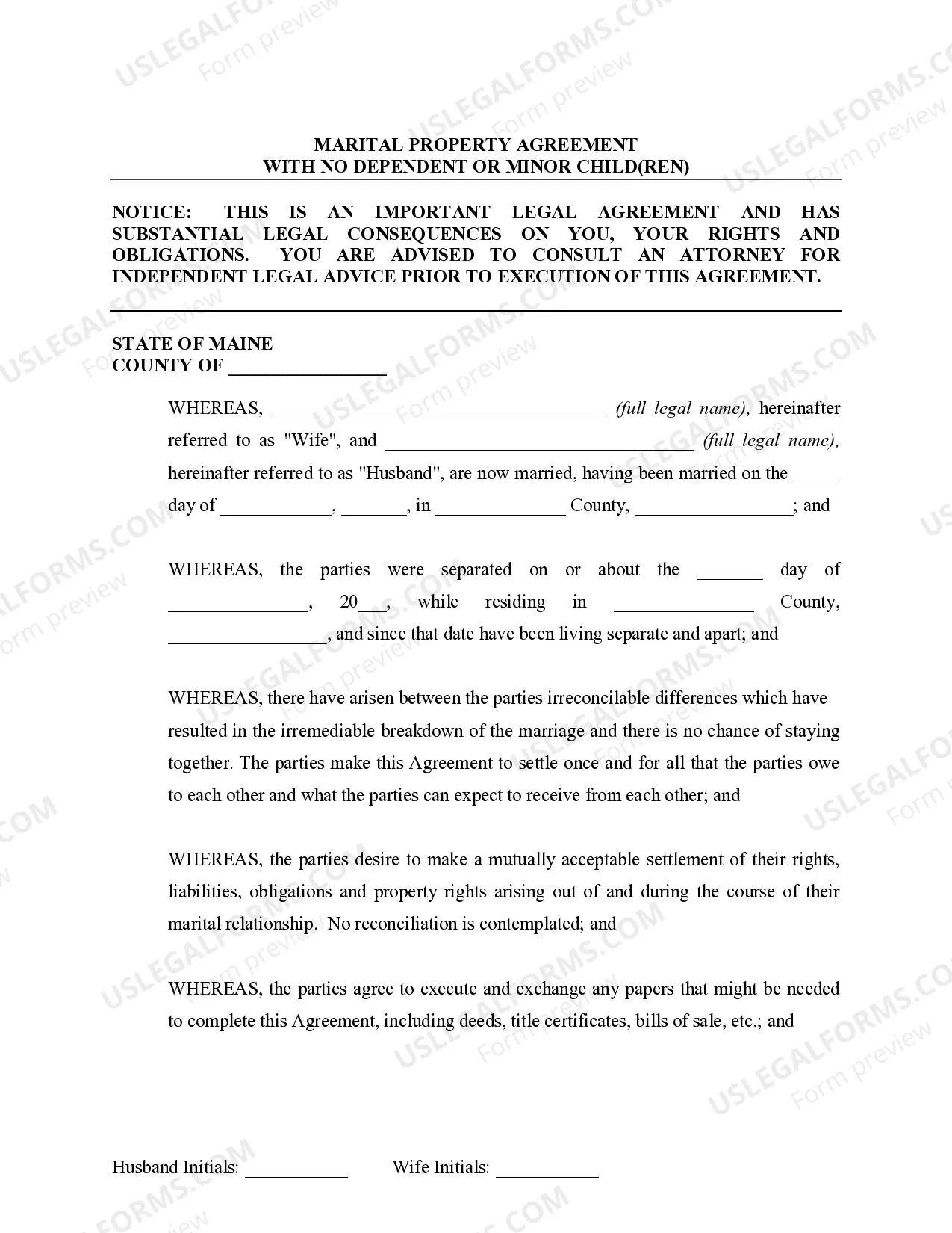 Preview Marital Domestic Separation and Property Settlement Agreement no Children parties may have Joint Property or Debts Effective Immediately