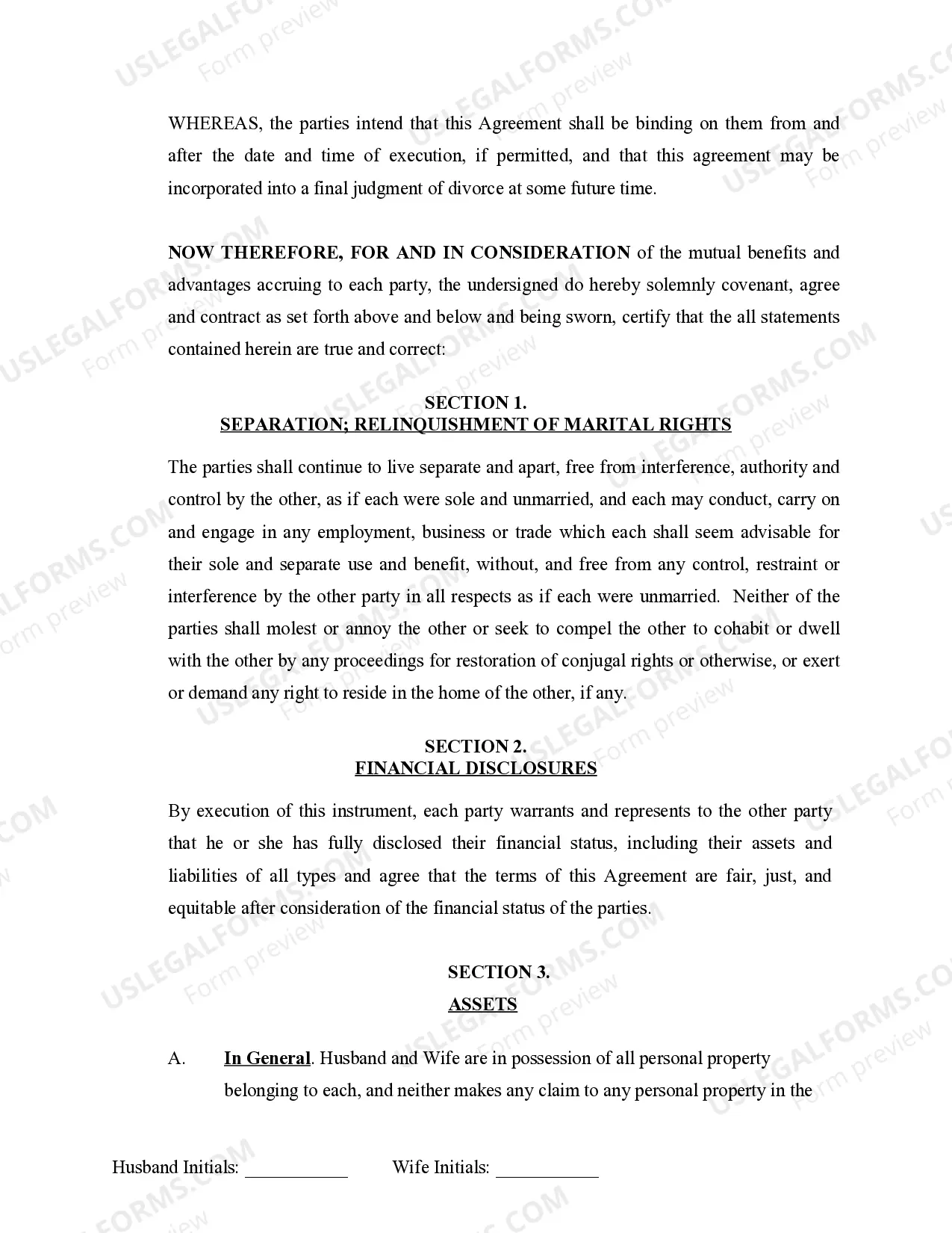 Preview Marital Domestic Separation and Property Settlement Agreement no Children parties may have Joint Property or Debts Effective Immediately