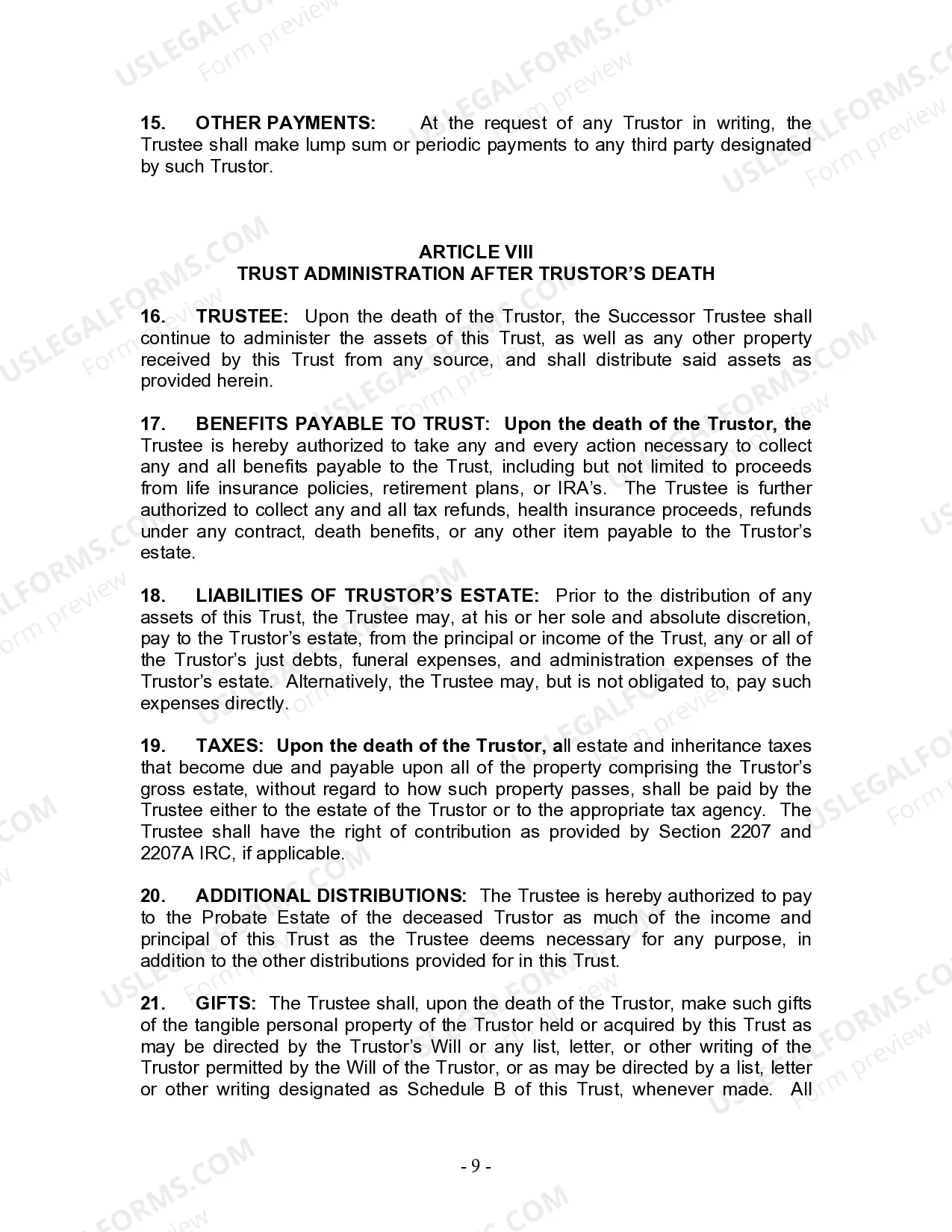 Preview Living Trust for Individual Who is Single, Divorced or Widow (or Widower) with No Children