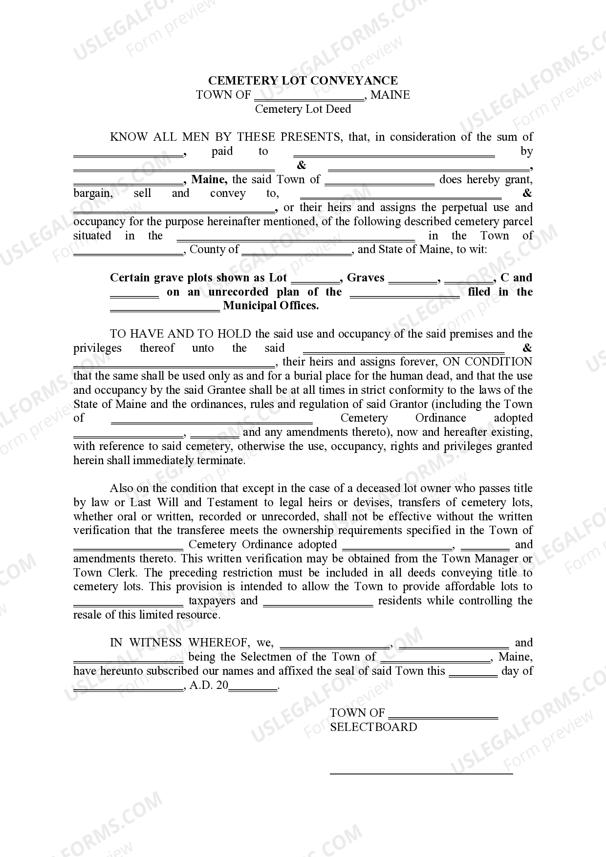 Maine Cemetery Lot Conveyance US Legal Forms