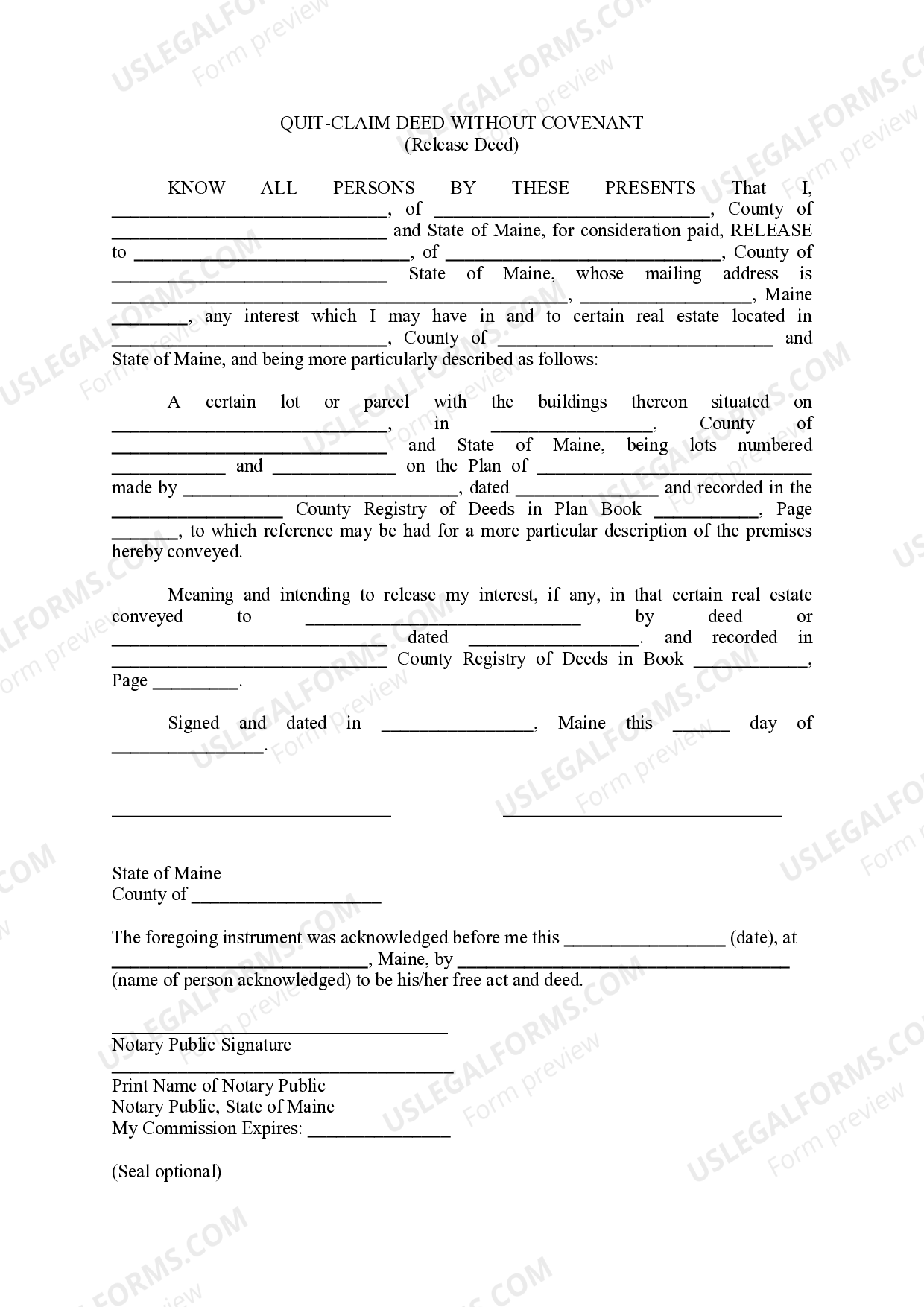 Maine Quitclaim Deed without Covenant Quitclaim Deed Maine US Legal
