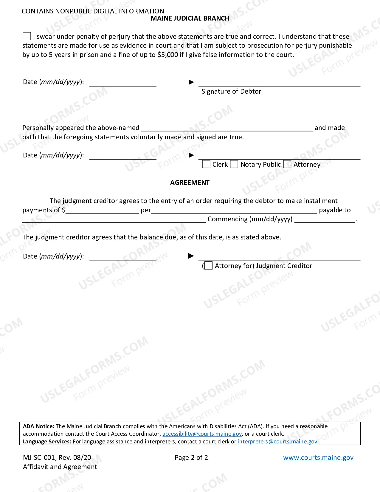 Preview Affidavit and Agreement (to pay judgment)