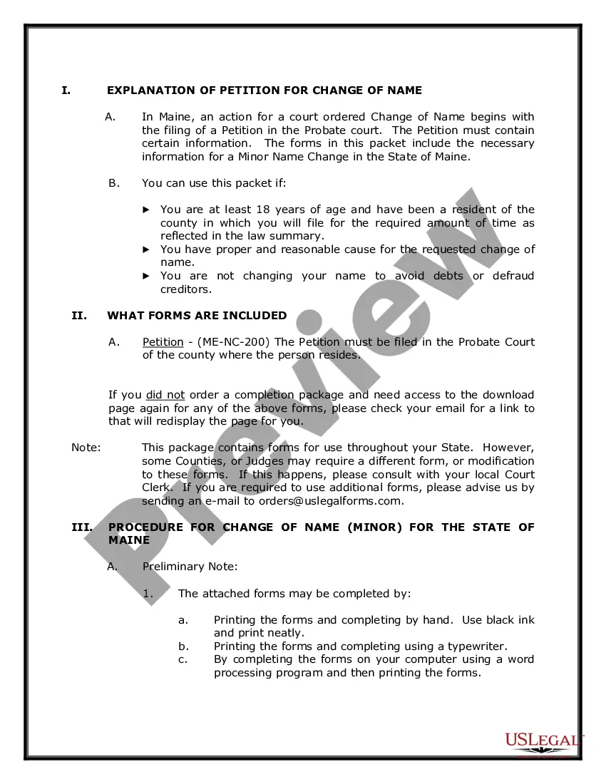 Preview Maine Name Change Instructions and Forms Package for a Minor