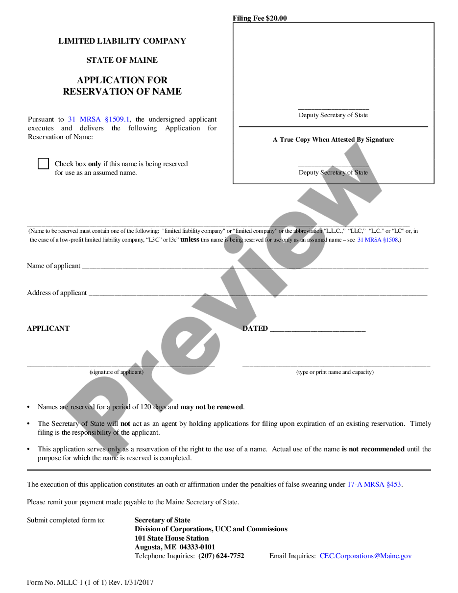 page 0 Maine Application for Reservation of LLC Name preview