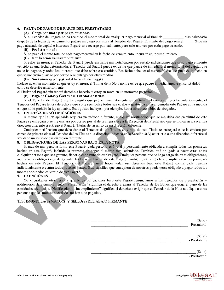 Preview Pagaré de pago a plazos no garantizado de Maine para tasa fija