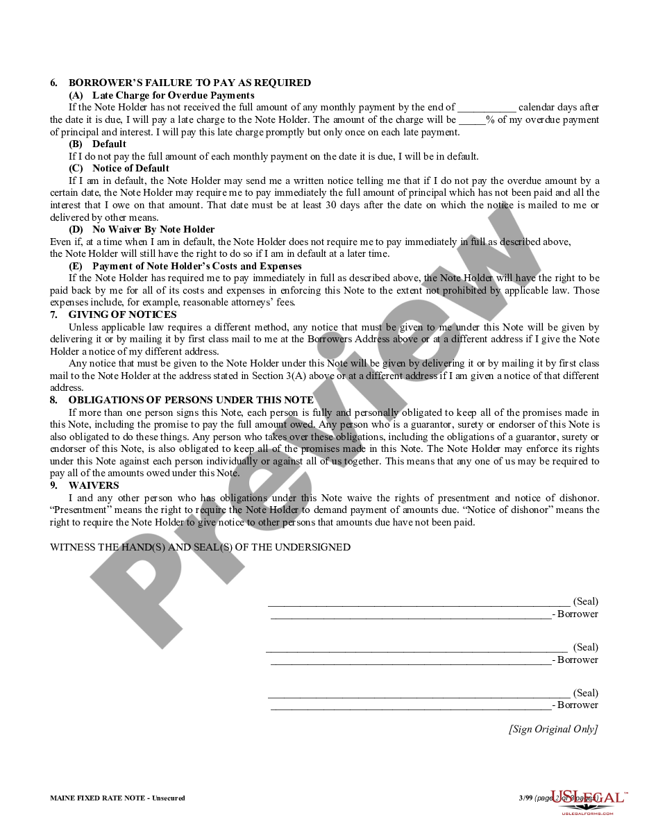 page 1 Maine Unsecured Installment Payment Promissory Note for Fixed Rate preview