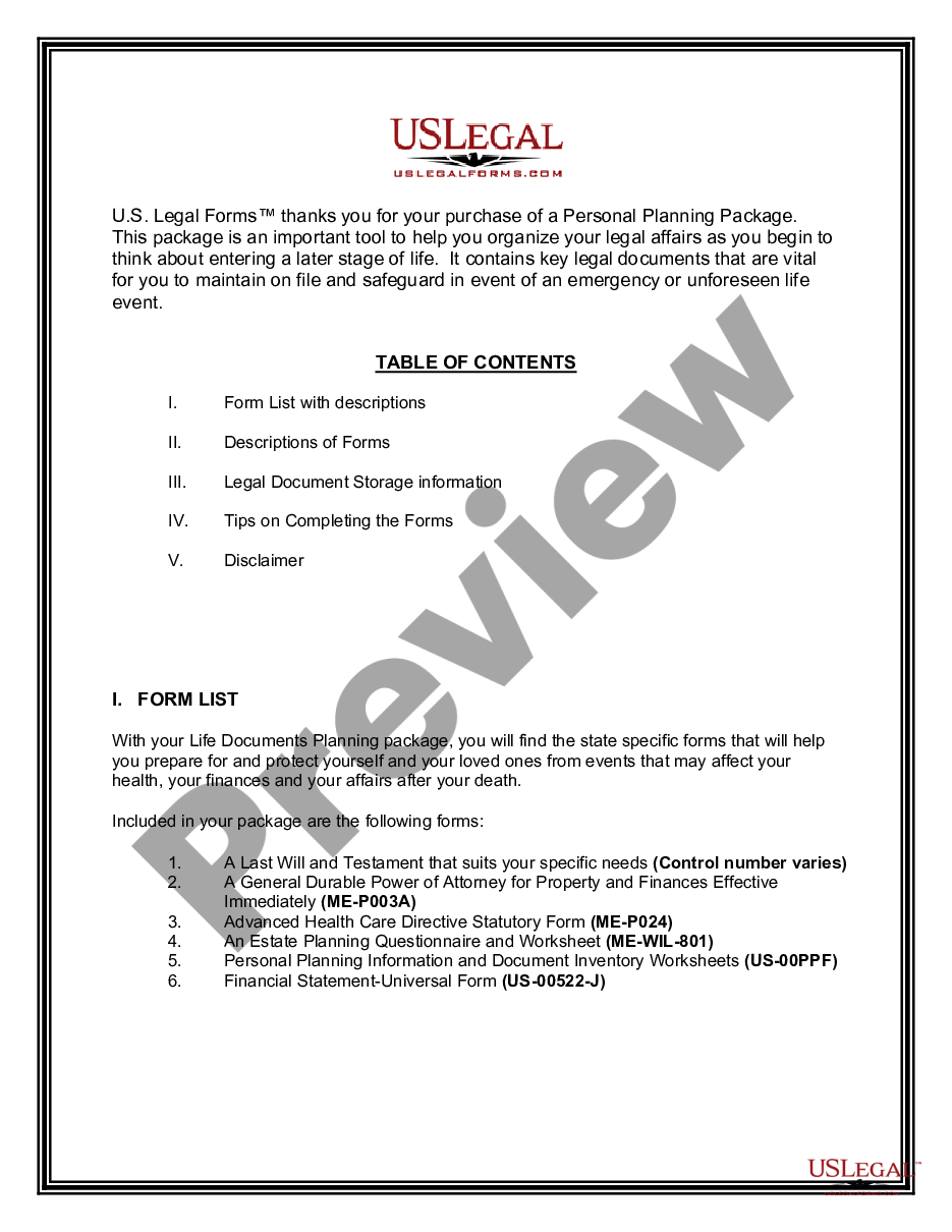 page 1 Life Documents Planning Package, including Will, Power of Attorney and Living Will preview
