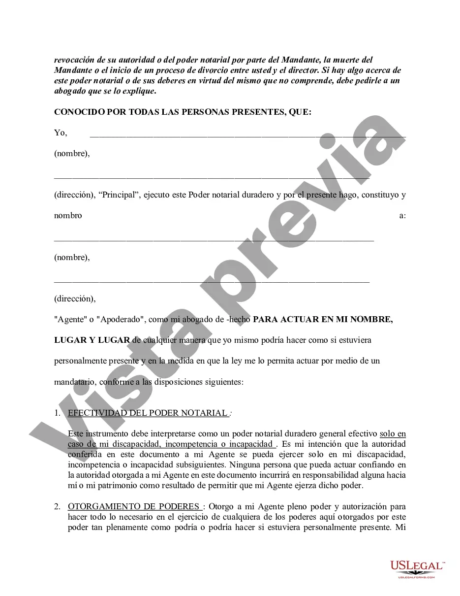 Preview Poder general duradero para la propiedad y las finanzas o efectivo financiero en caso de incapacidad