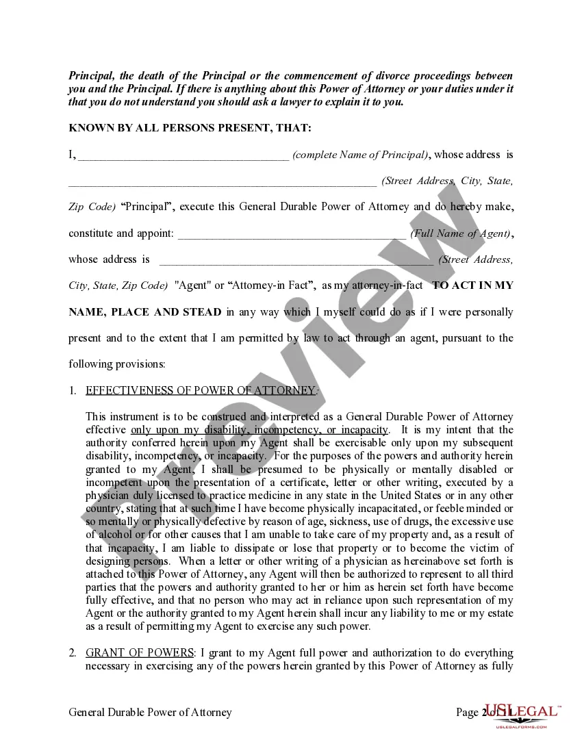 Preview General Durable Power of Attorney for Property and Finances or Financial Effective upon Disability