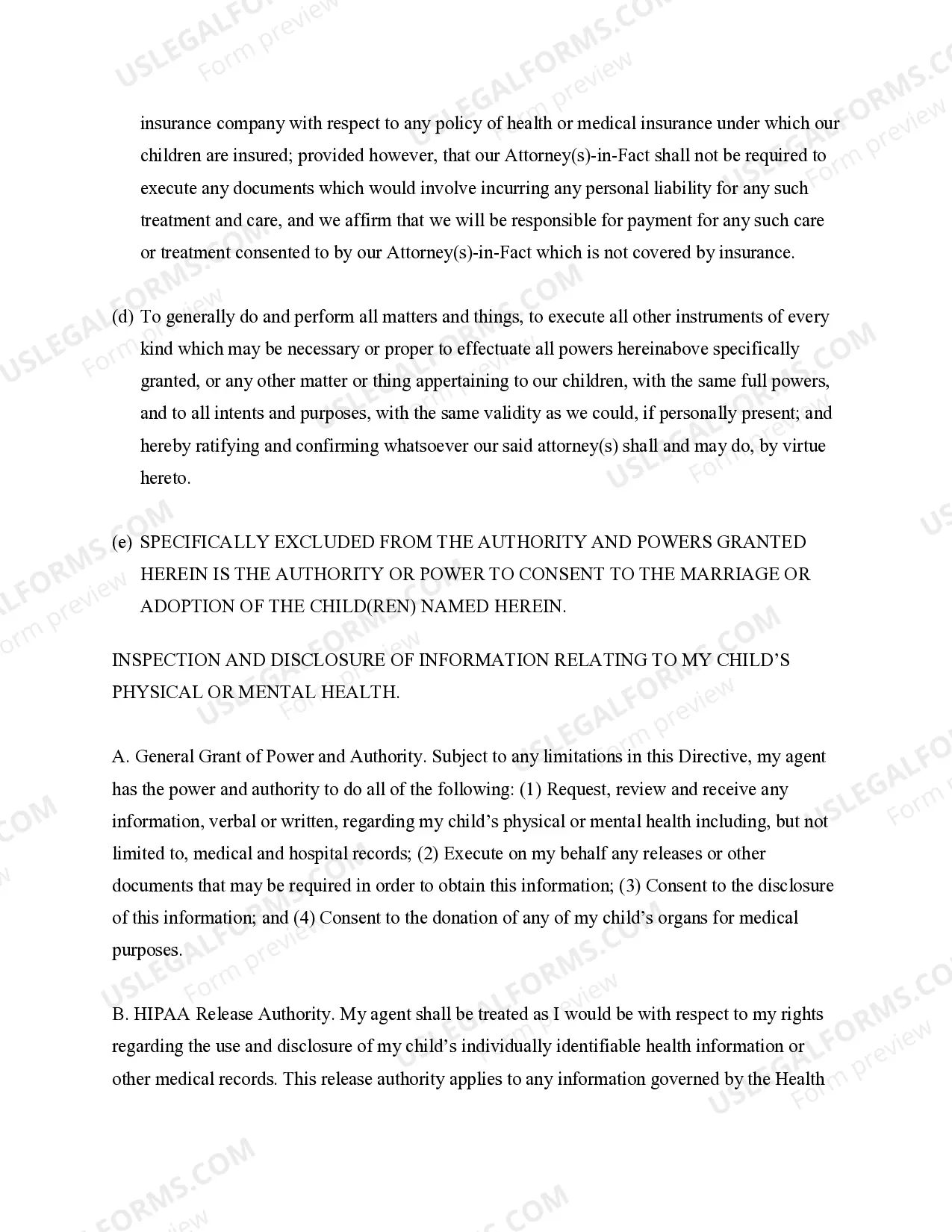 Preview General Power of Attorney for Care and Custody of Child or Children