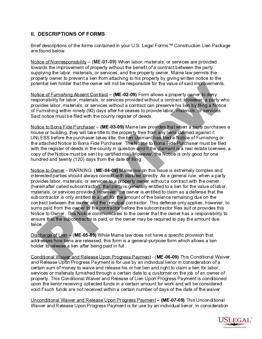 Preview Maine Construction or Mechanics Lien Package - Individual