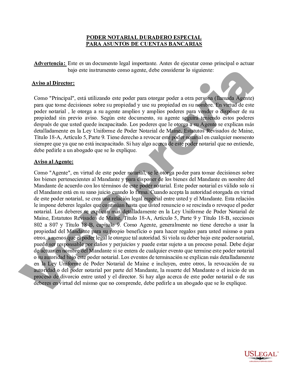 Maine Poder Especial Duradero Para Asuntos De Cuentas Bancarias Us Legal Forms 6001