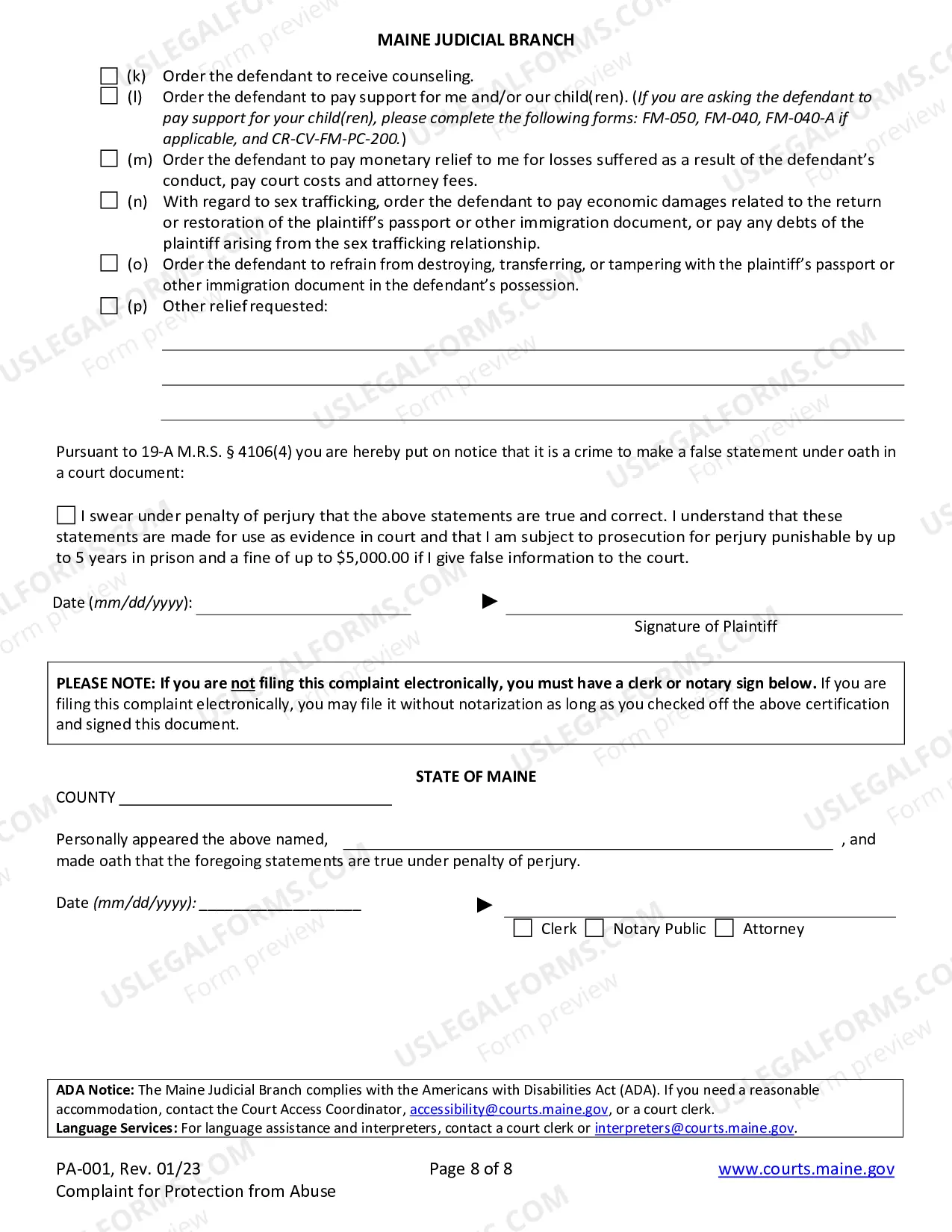 Preview Complaint For Protection From Abuse