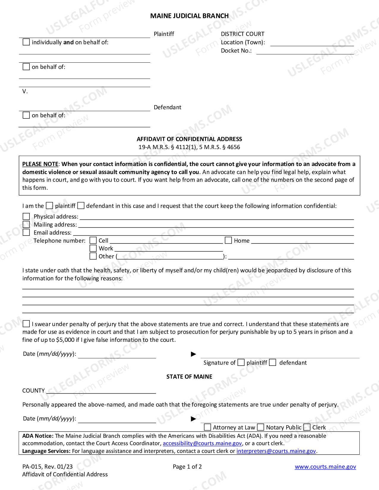 Maine Affidavit Confidential Address US Legal Forms
