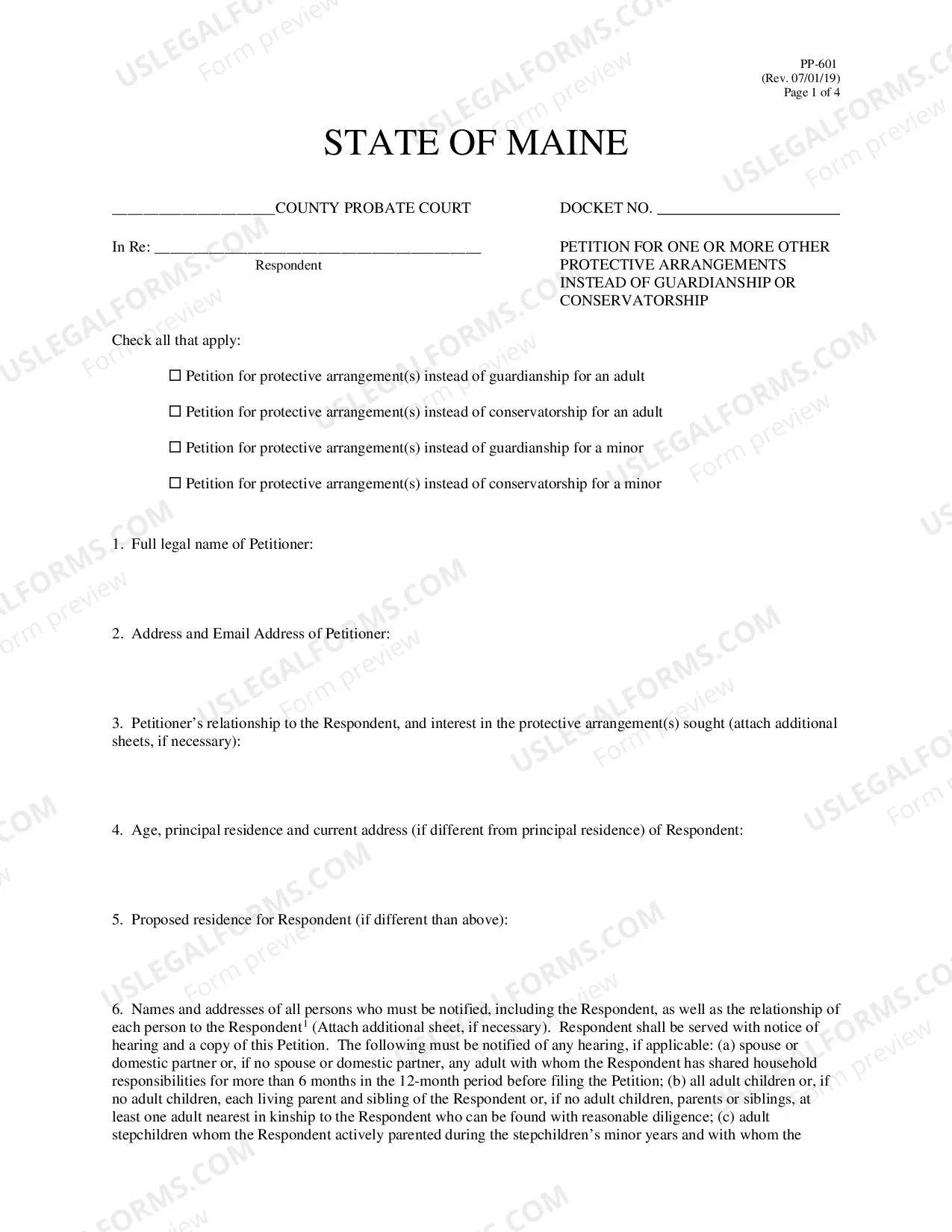 Preview Petition for One or More Other Protective Arrangements Instead of Guardianship or Conservatorship