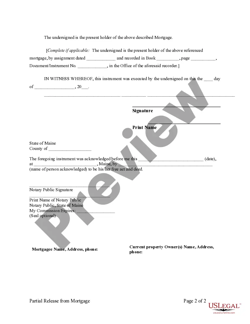 Preview Partial Release of Property From Mortgage by Individual Holder
