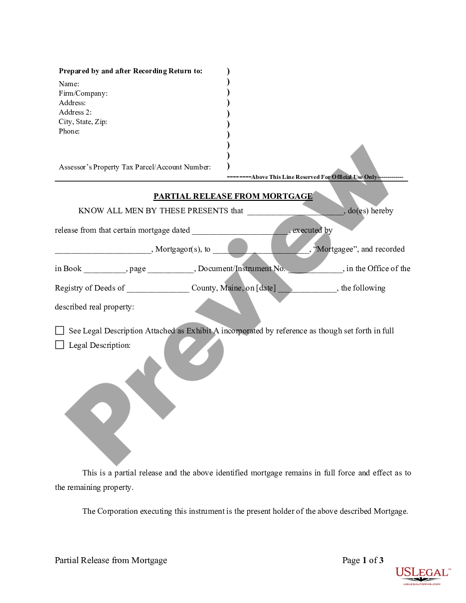 form Partial Release of Property From Mortgage for Corporation preview