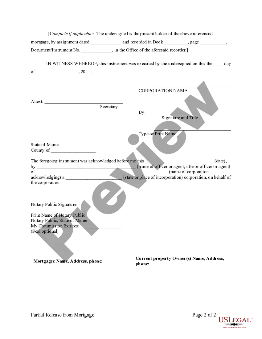 Preview Partial Release of Property From Mortgage for Corporation