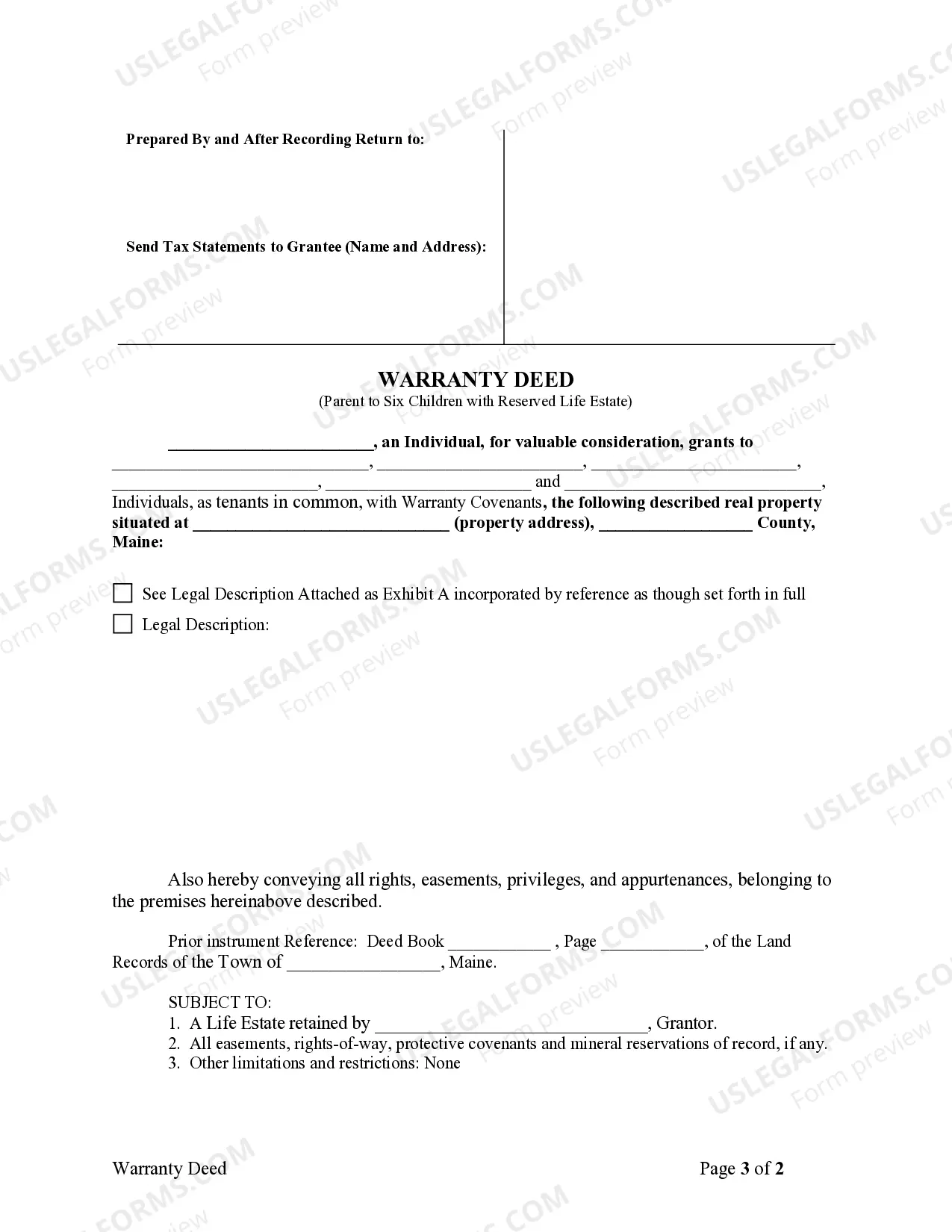 Preview Warranty Deed from Parent to Six Children with Reserved Life Estate