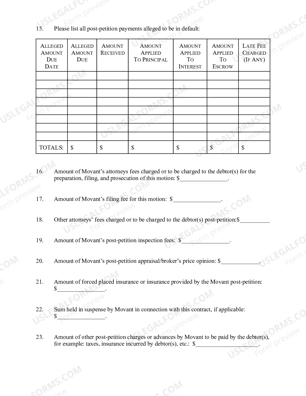 Preview Worksheet In Support of Motion For Relief From Stay