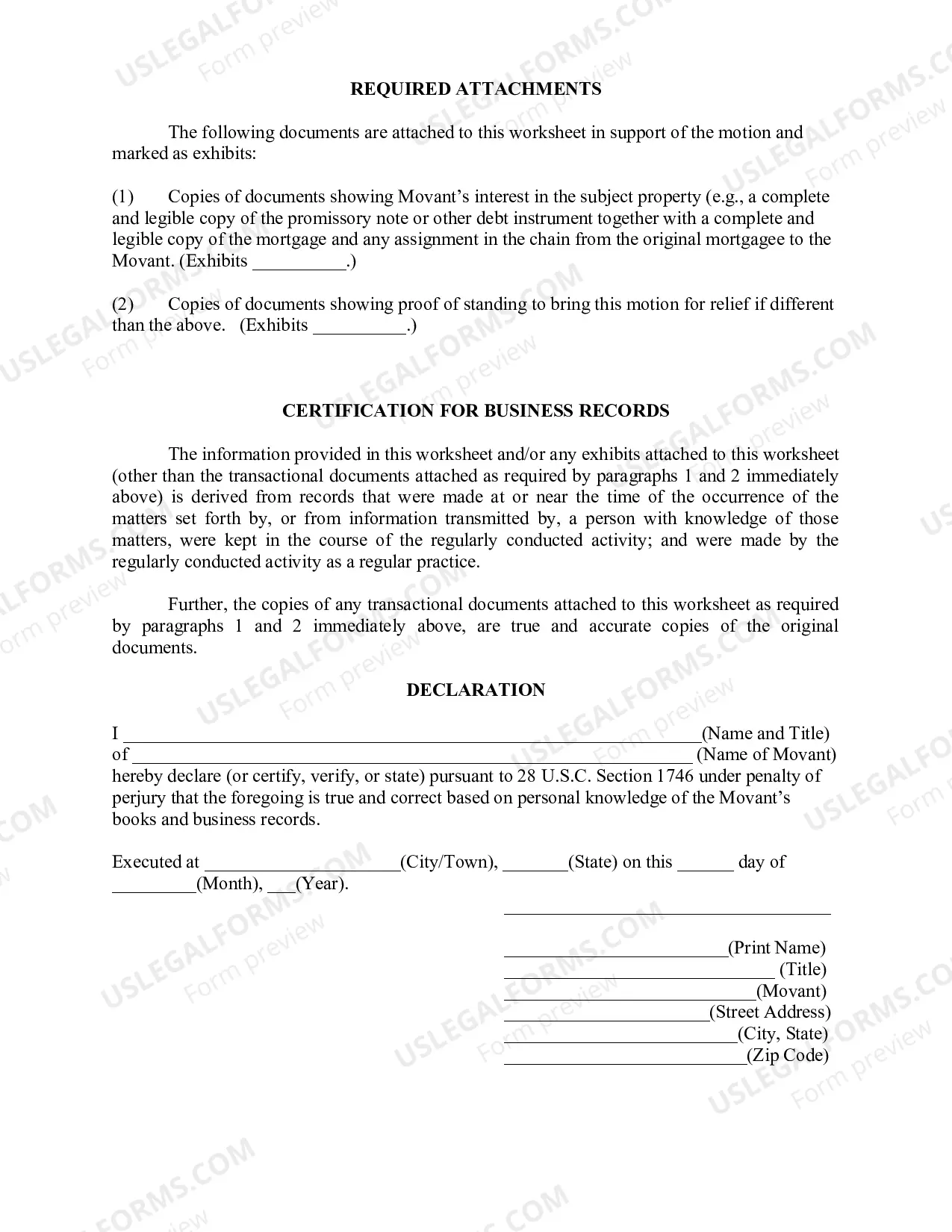 Preview Worksheet In Support of Motion For Relief From Stay