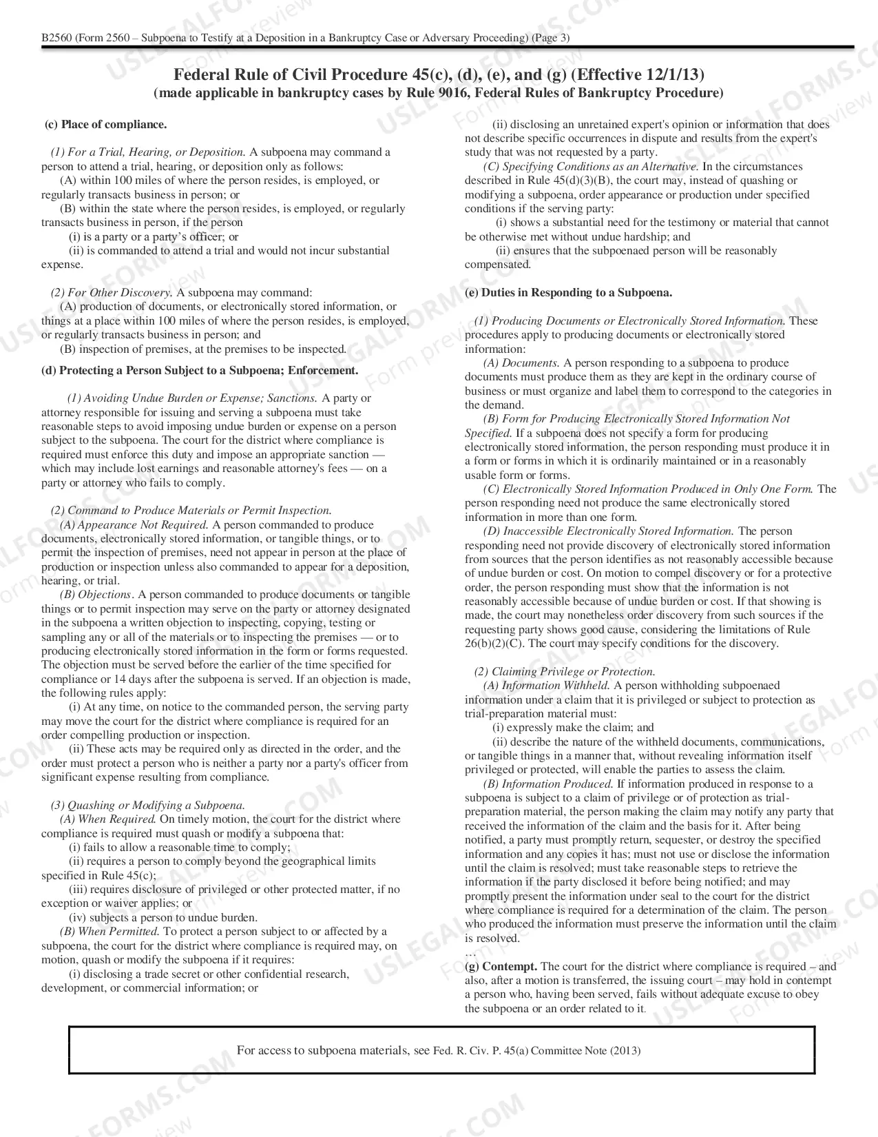 Preview Subpoena to Testify at a Deposition in a Bankruptcy Case (or Adversary Proceeding) (B2560)