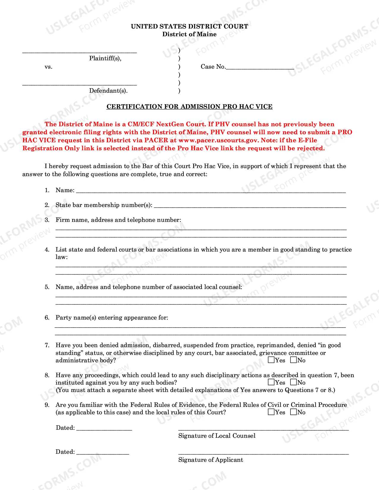 Preview Certification For Admission Pro Hac Vice
