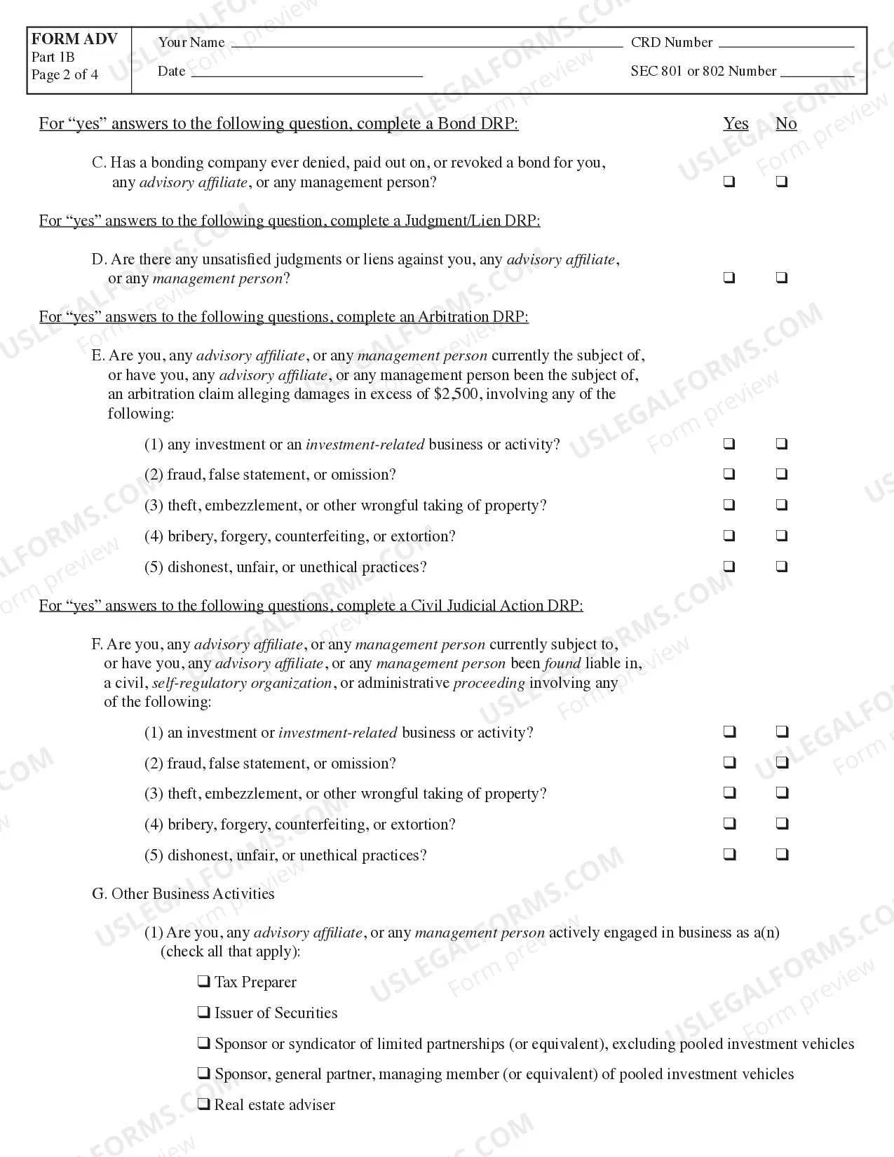 Preview Part 1B (For state registered investment advisers only, revisions implemented October 2012)