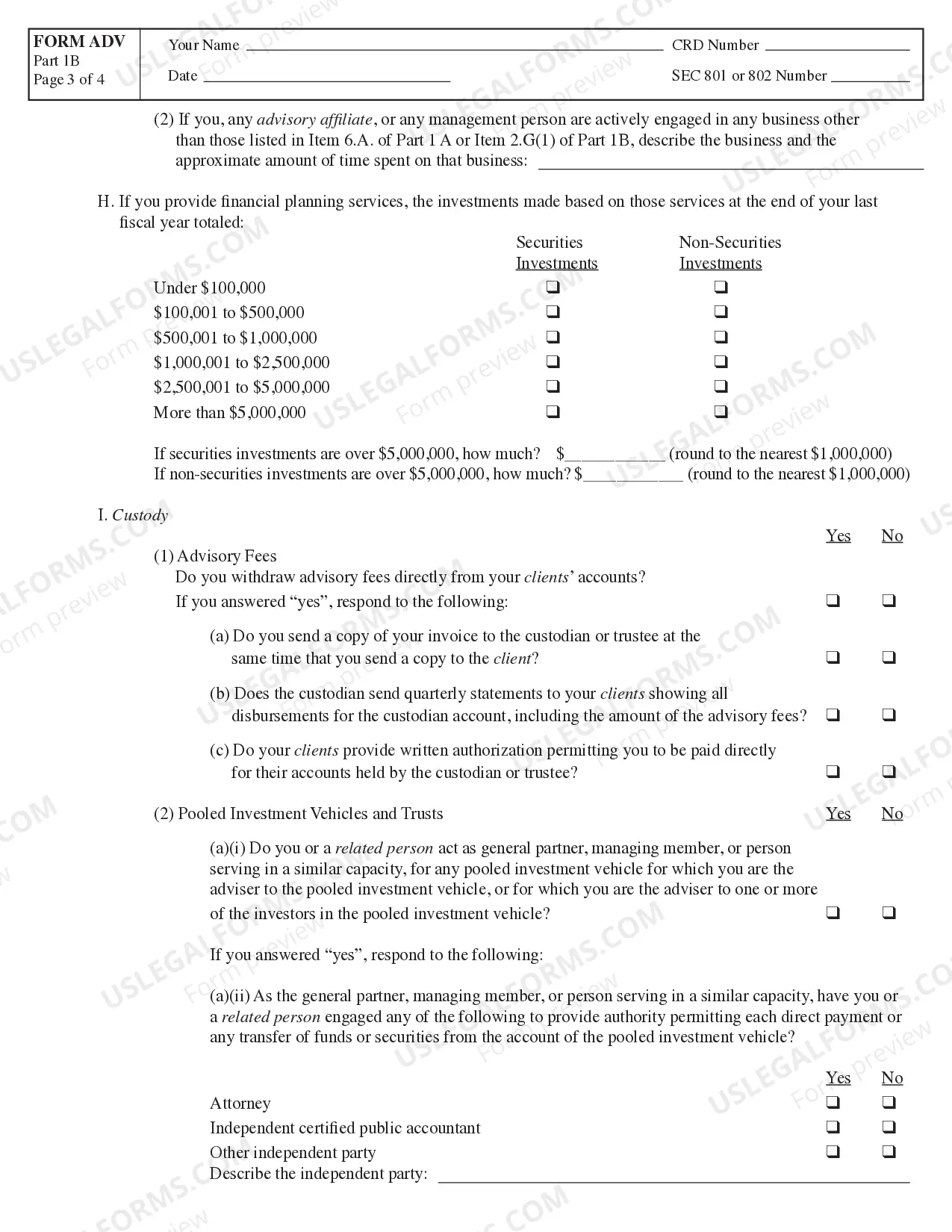 Preview Part 1B (For state registered investment advisers only, revisions implemented October 2012)