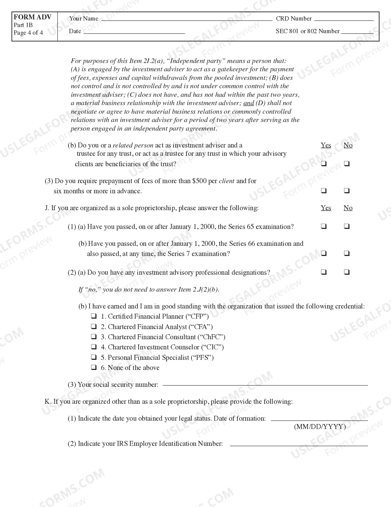 Preview Part 1B (For state registered investment advisers only, revisions implemented October 2012)