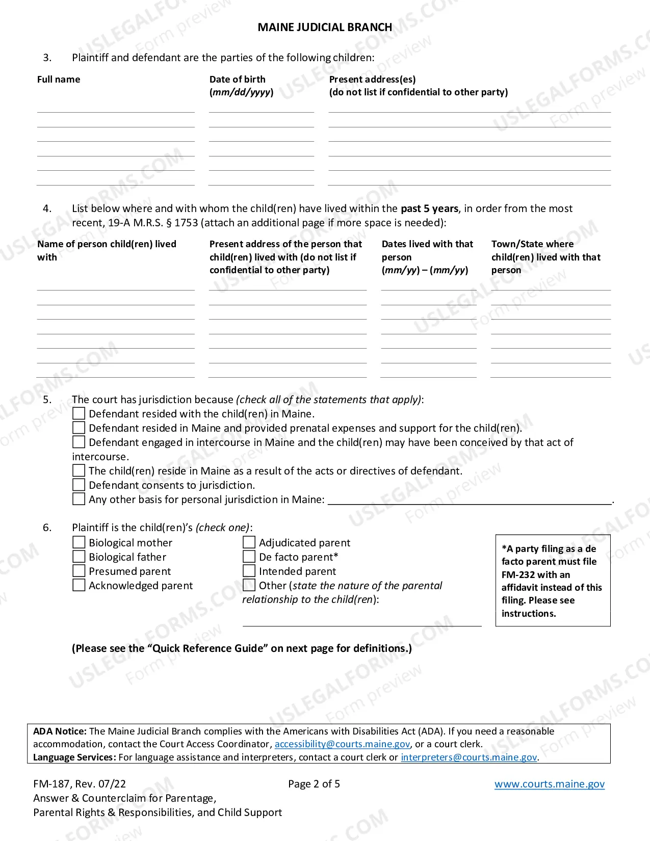 Preview Answer And Counterclaim For Determination of Parentage Parental Rights And Responsibilities