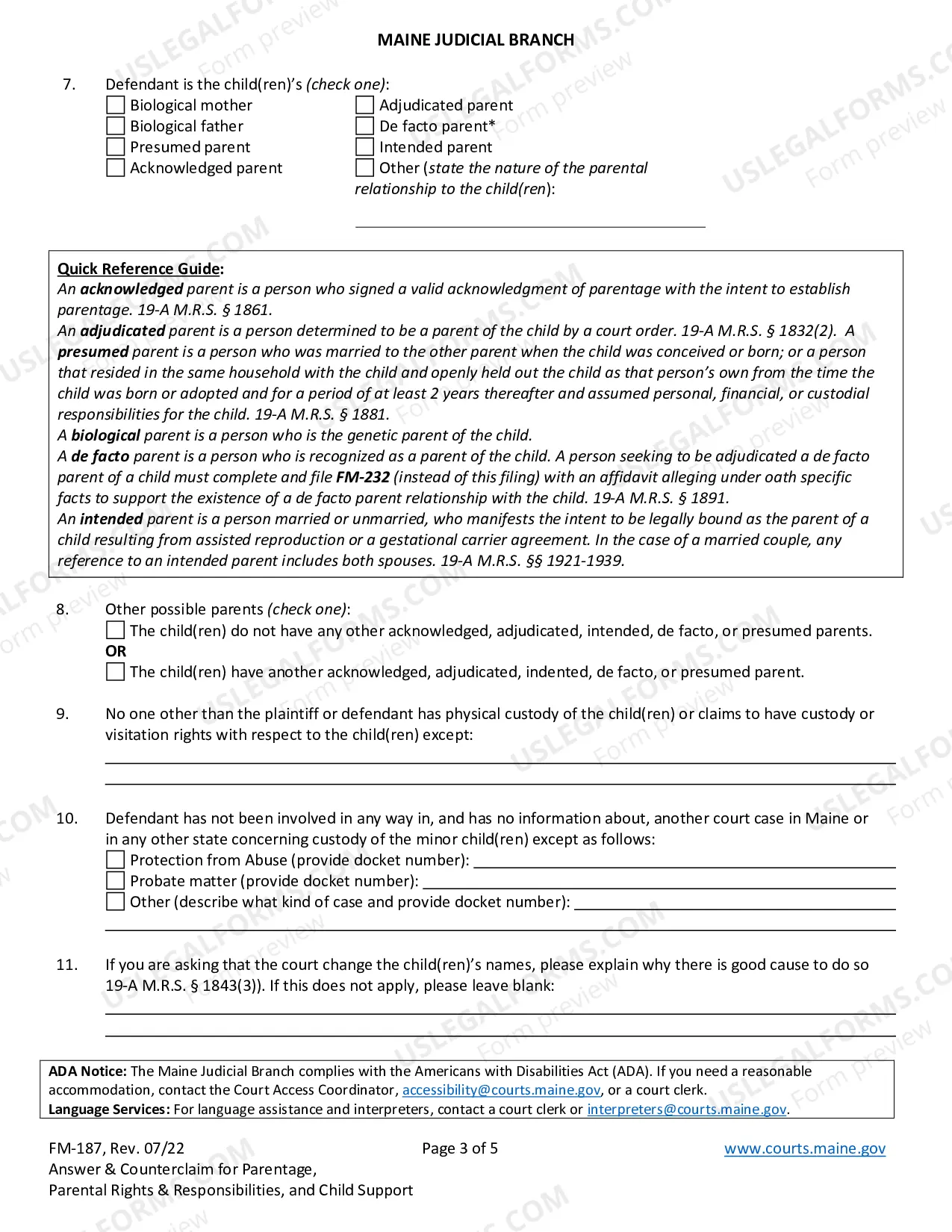 Preview Answer And Counterclaim For Determination of Parentage Parental Rights And Responsibilities