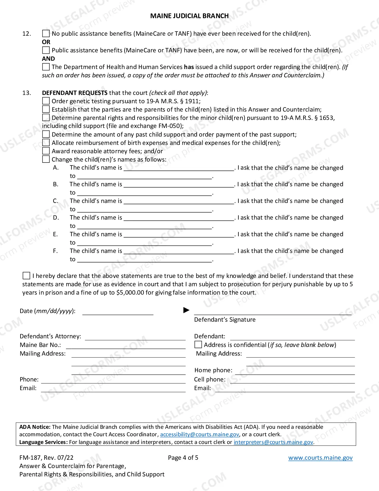 Preview Answer And Counterclaim For Determination of Parentage Parental Rights And Responsibilities
