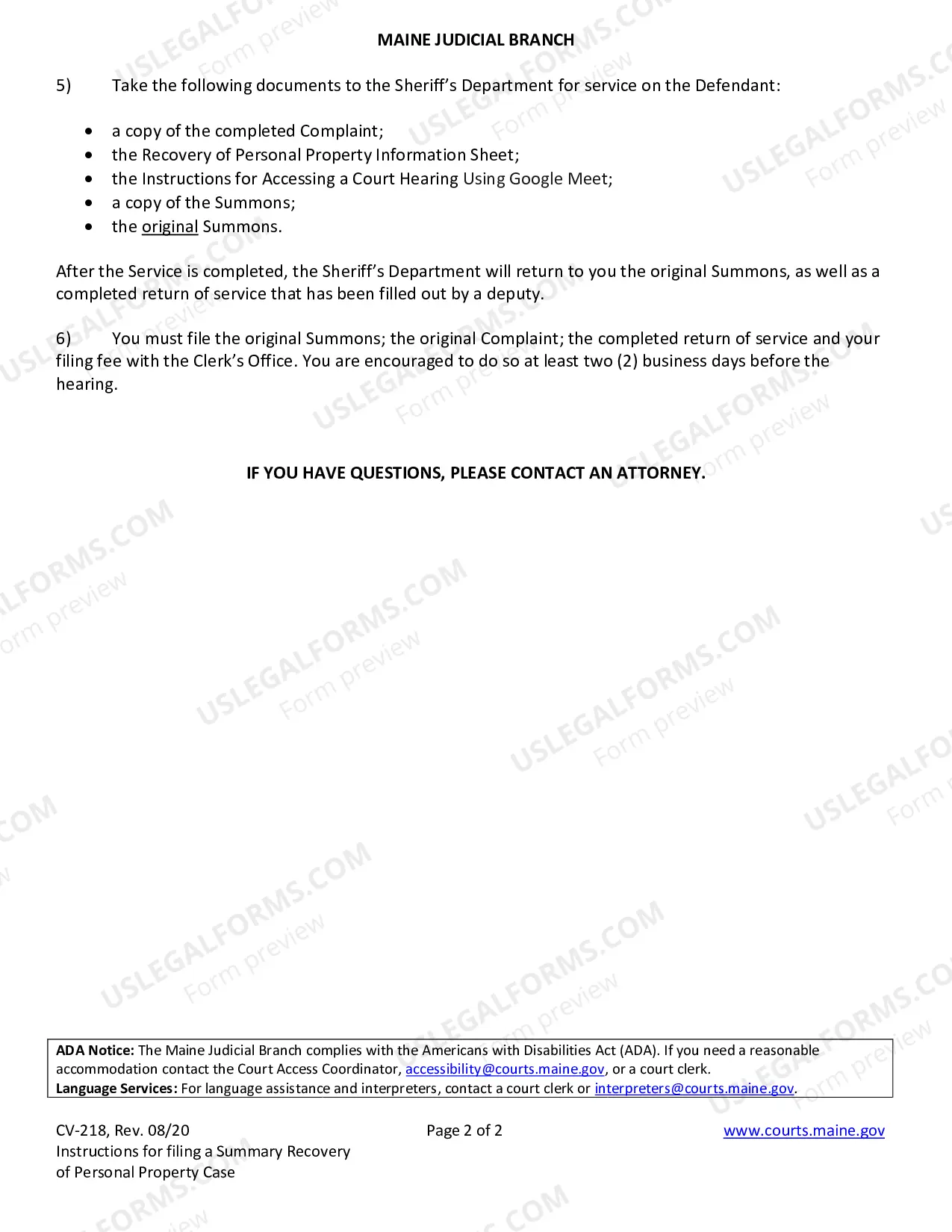 Preview Instructions for Filing a Summary Personal Property Recovery Case