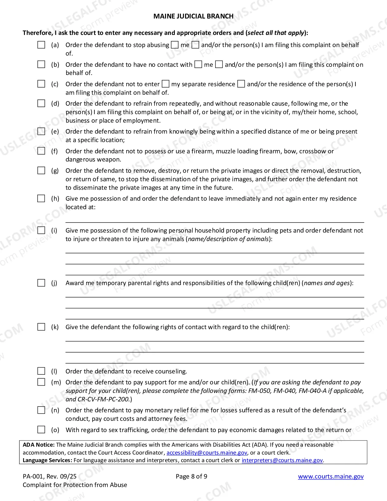 Preview Complaint for Protection from Abuse (Non-fillable)