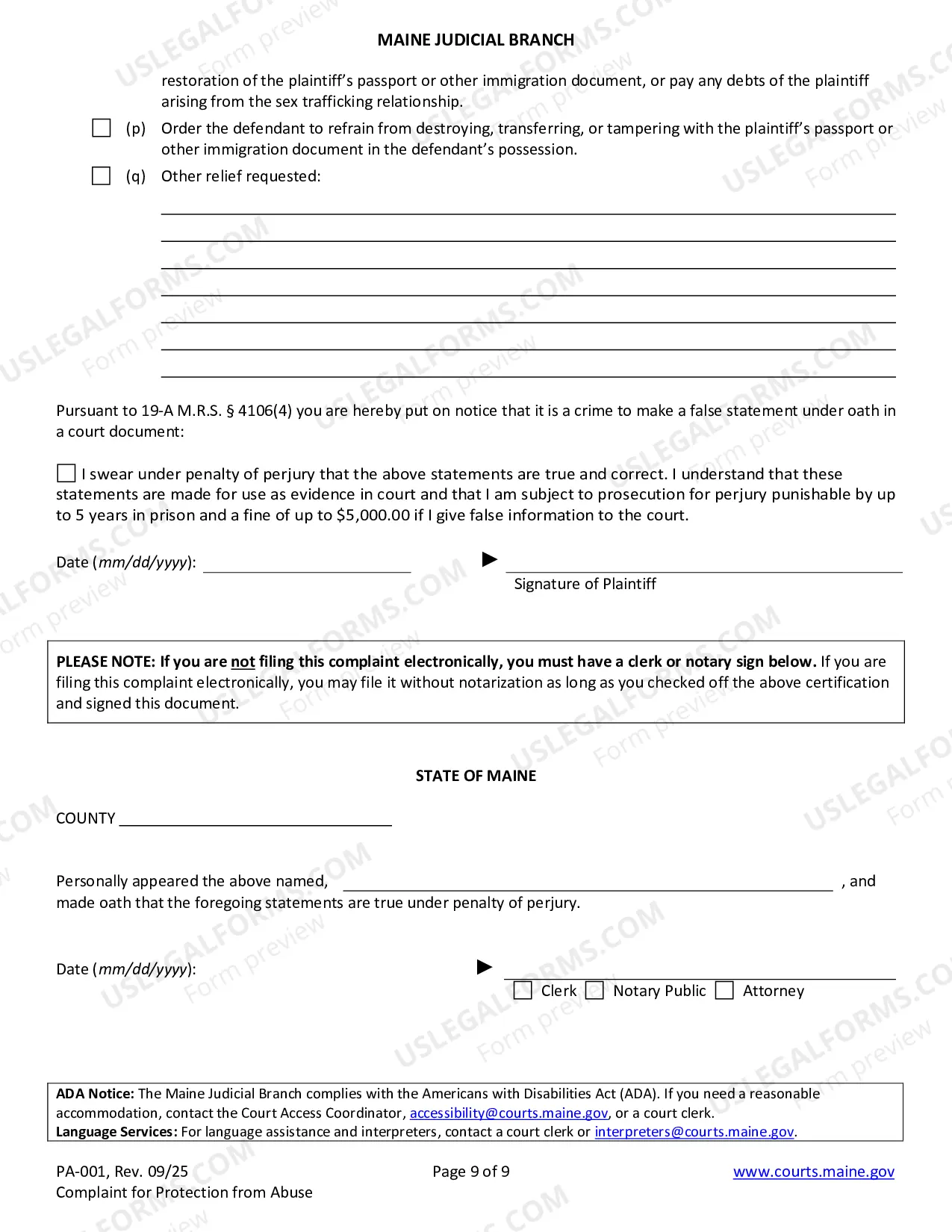 Preview Complaint for Protection from Abuse (Non-fillable)