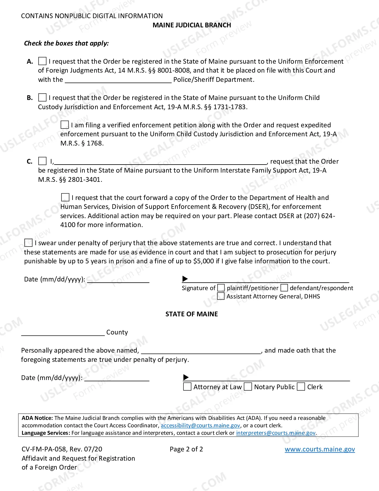 Preview Affidavit and Request for Registration of a Foreign Order (Fillable)