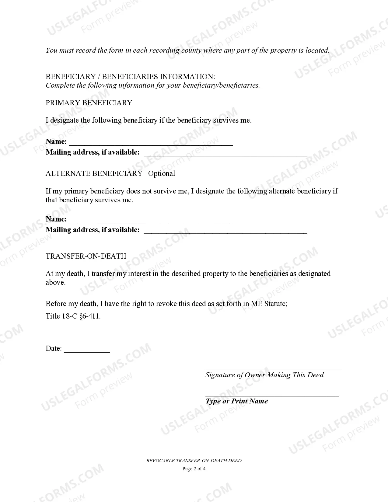 Preview Transfer on Death Deed or TOD - Beneficiary Deed for Individual to Individual